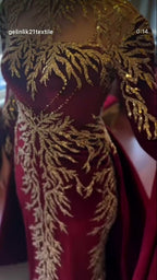 NIL 393 Burgundy Ball Gown Gold Beaded Tulle Engagement Dress - Image 2