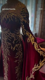 NIL 393 Burgundy Ball Gown Gold Beaded Tulle Engagement Dress - Image 3