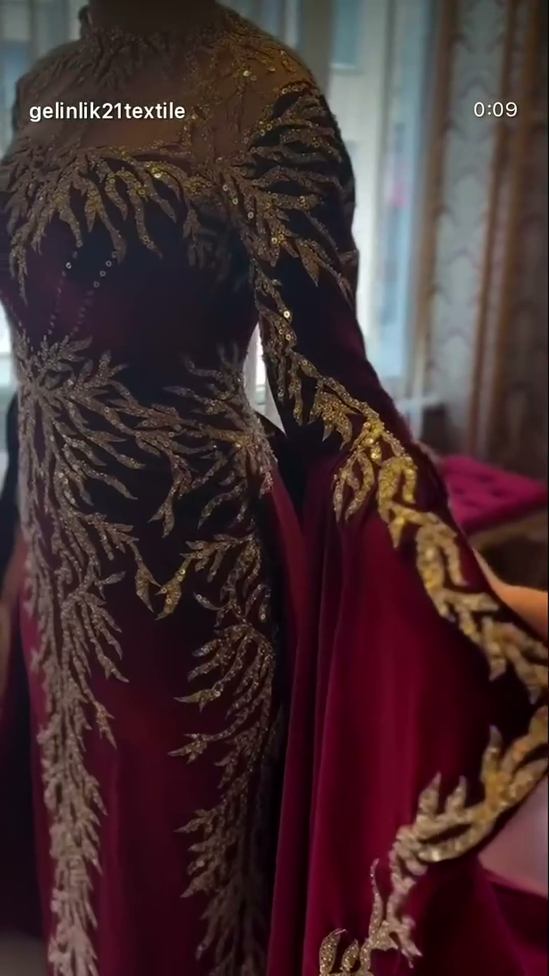 NIL 393 Burgundy Ball Gown Gold Beaded Tulle Engagement Dress - Image 3