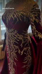 NIL 393 Burgundy Ball Gown Gold Beaded Tulle Engagement Dress - Image 4