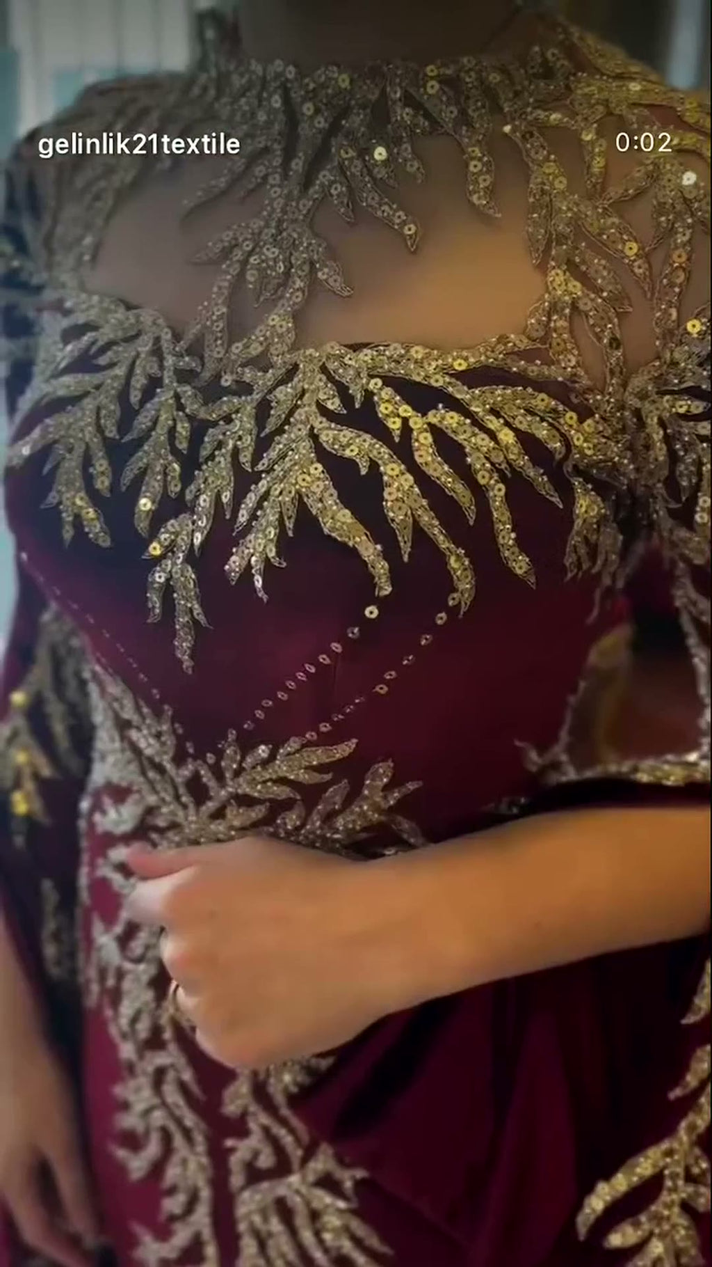 NIL 393 Burgundy Ball Gown Gold Beaded Tulle Engagement Dress - Image 5