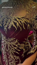NIL 393 Burgundy Ball Gown Gold Beaded Tulle Engagement Dress - Image 6