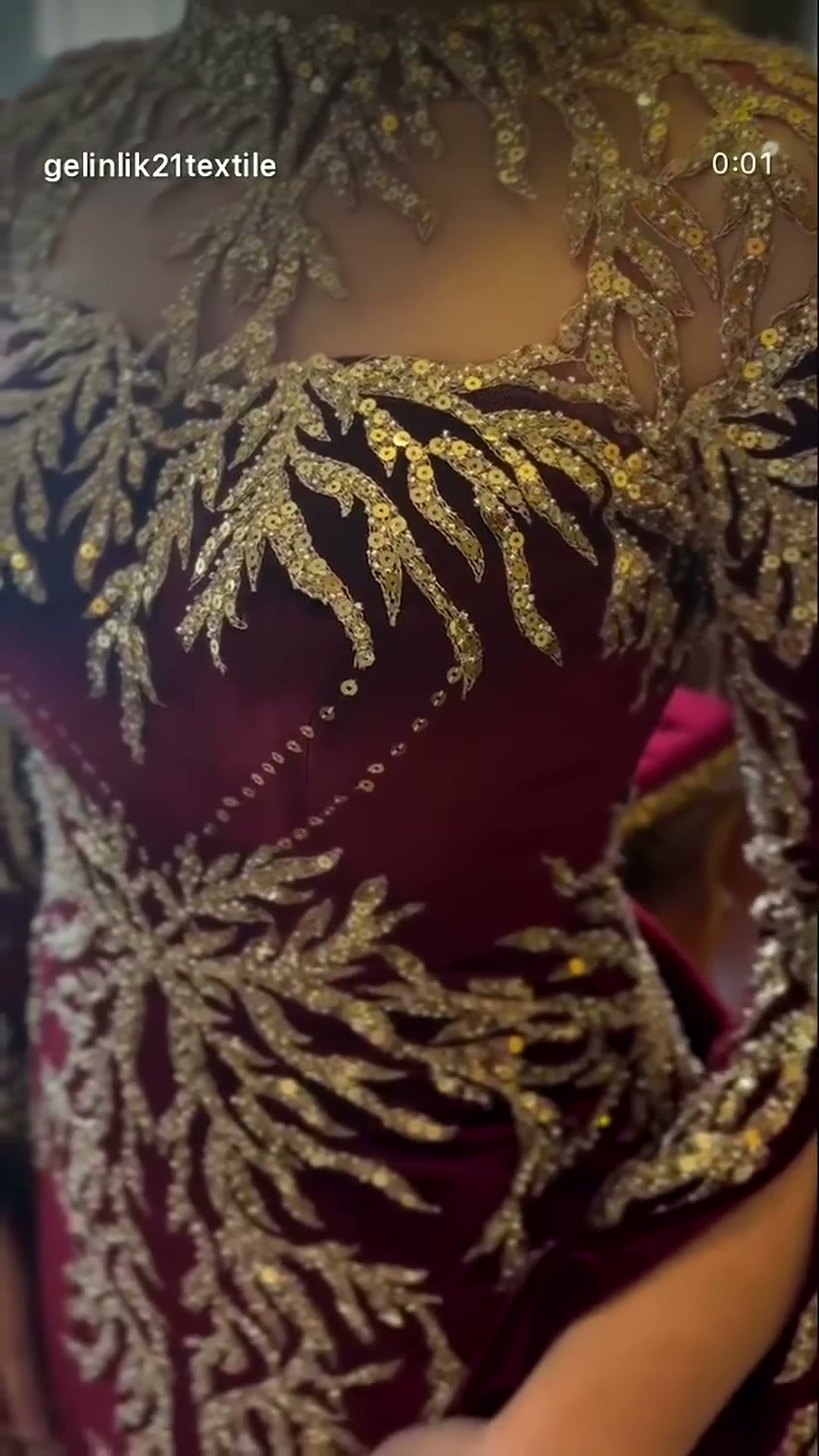 NIL 393 Burgundy Ball Gown Gold Beaded Tulle Engagement Dress - Image 6