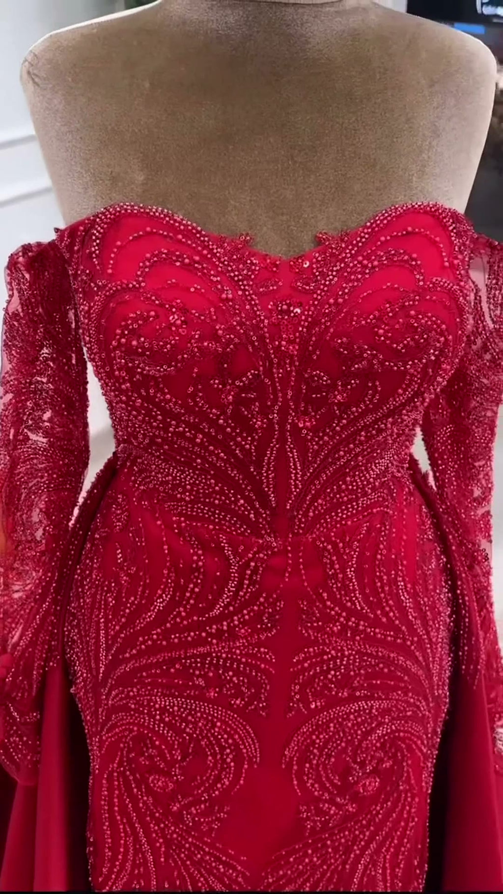NIL 394 Red Mermaid Beaded Lace Engagement Dress - Image 1