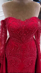 NIL 394 Red Mermaid Beaded Lace Engagement Dress - Image 1