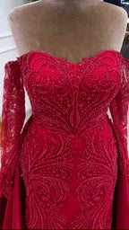 NIL 394 Red Mermaid Beaded Lace Engagement Dress - Image 2