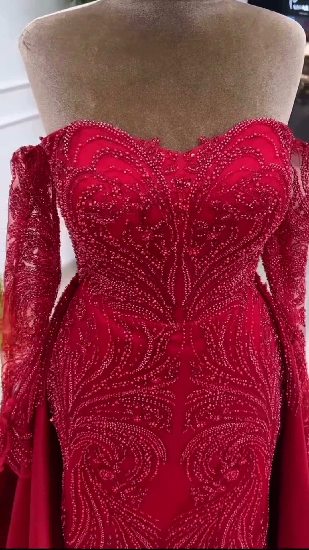 NIL 394 Red Mermaid Beaded Lace Engagement Dress - Image 2