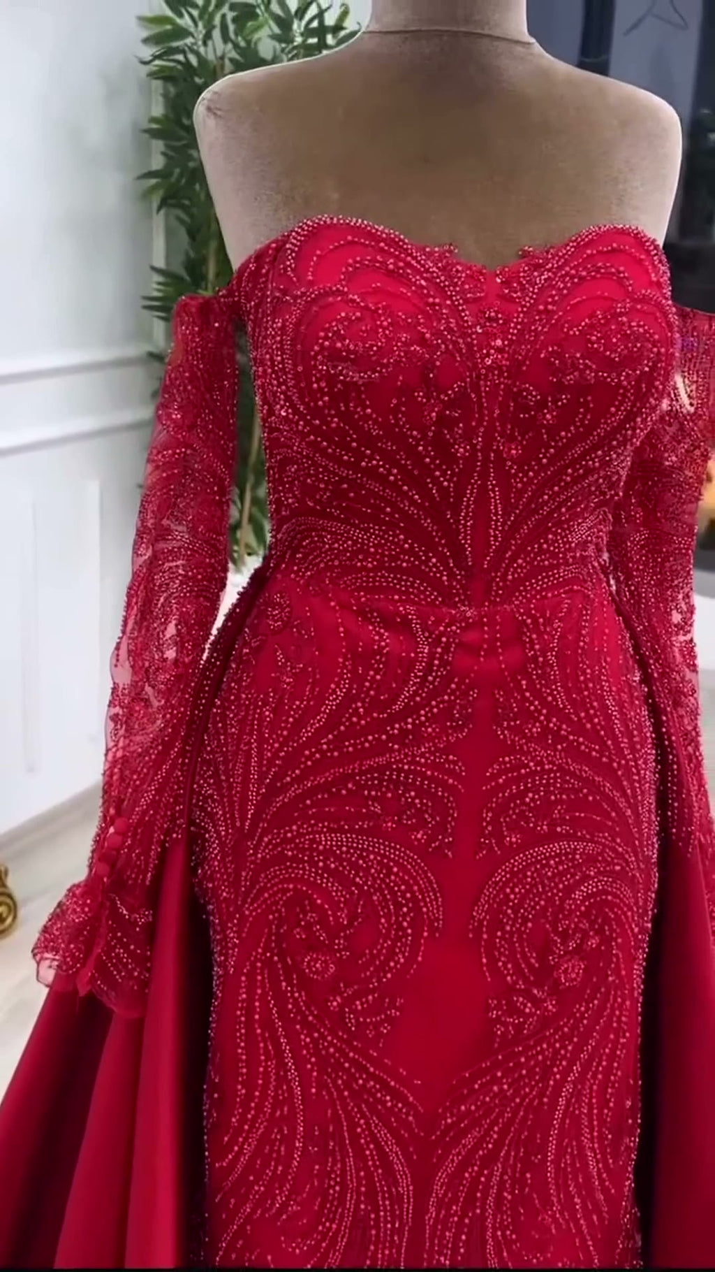 NIL 394 Red Mermaid Beaded Lace Engagement Dress - Image 3