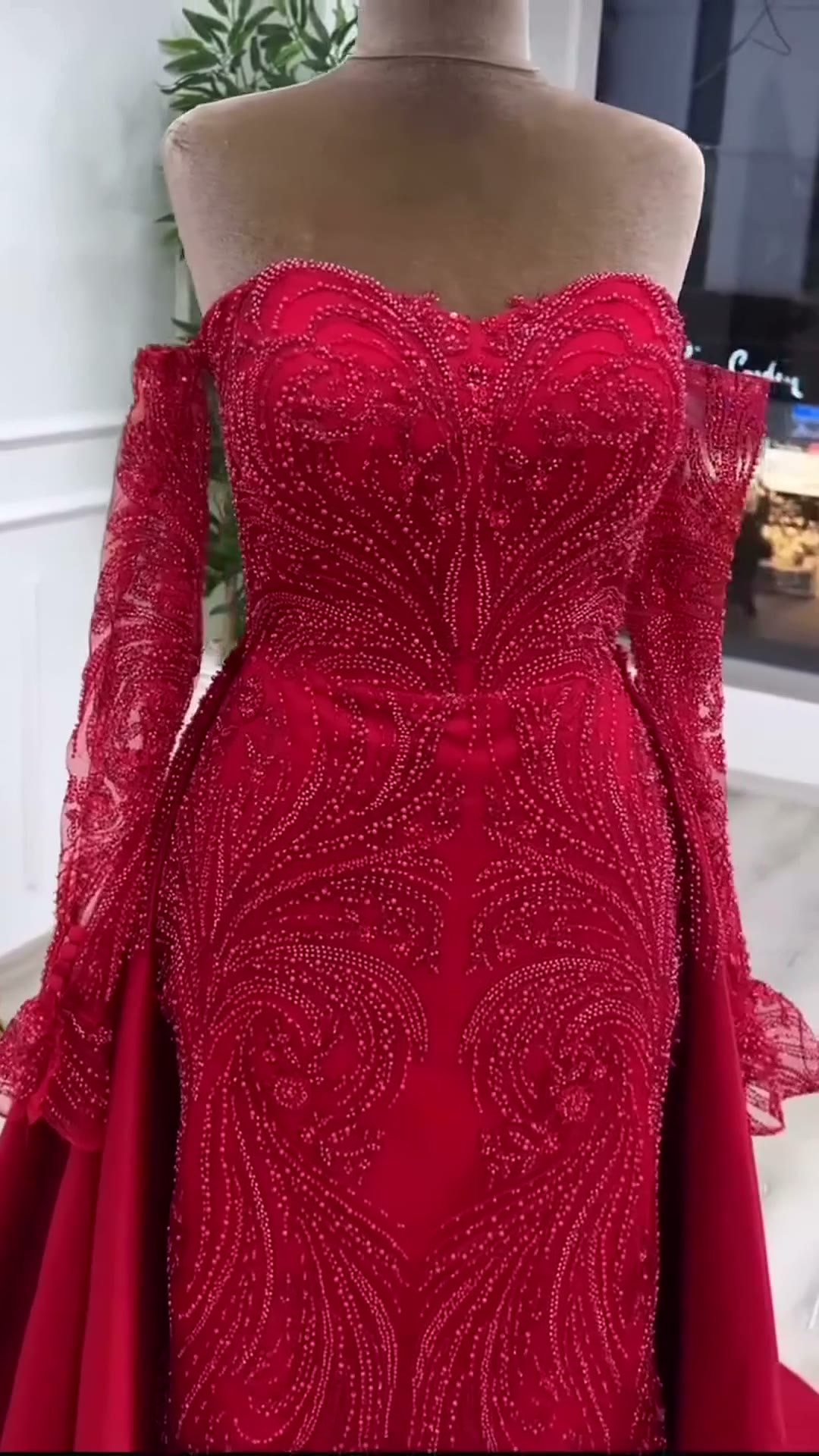 NIL 394 Red Mermaid Beaded Lace Engagement Dress - Image 4