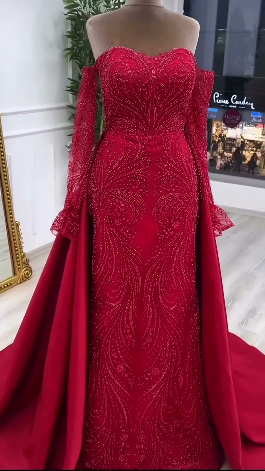 NIL 394 Red Mermaid Beaded Lace Engagement Dress - Image 5
