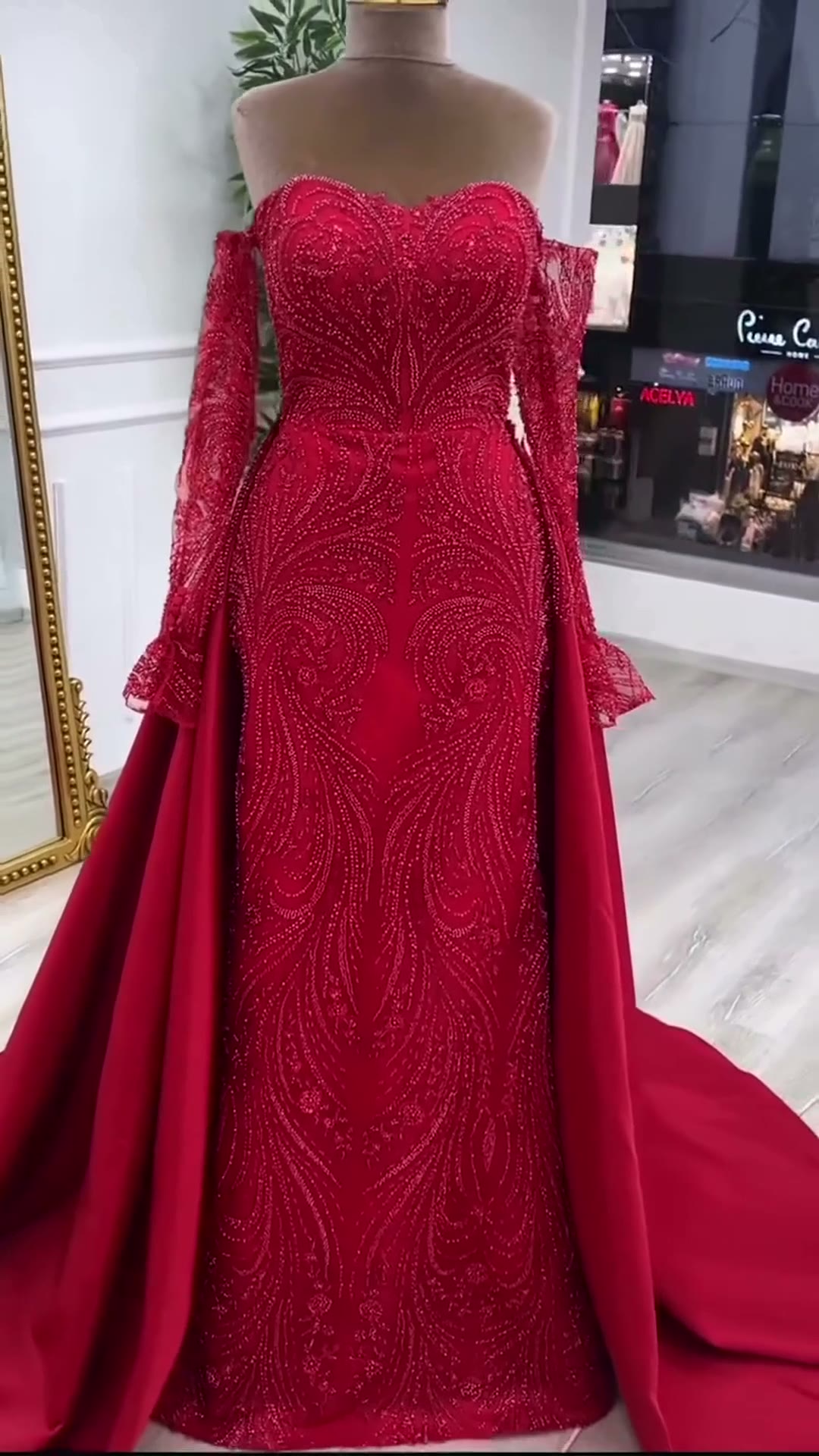 NIL 394 Red Mermaid Beaded Lace Engagement Dress - Image 6