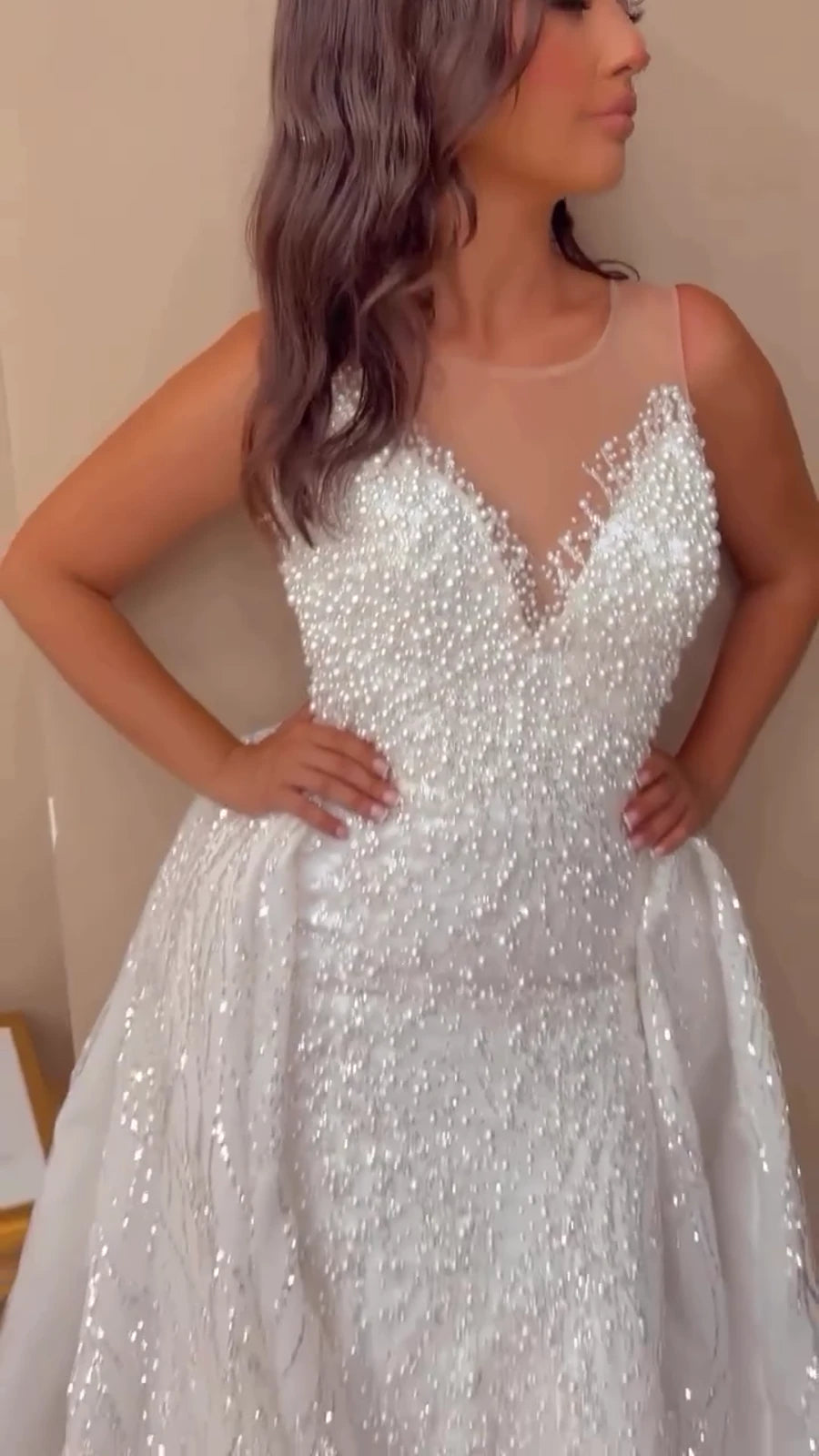 NIL Champagne princess lace wedding dress with sweetheart neckline, cathedral train, bodice close-up detail, P074 image 4