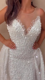 NIL Champagne princess lace wedding dress with sweetheart neckline, cathedral train, cathedral train detail, P074 image 5