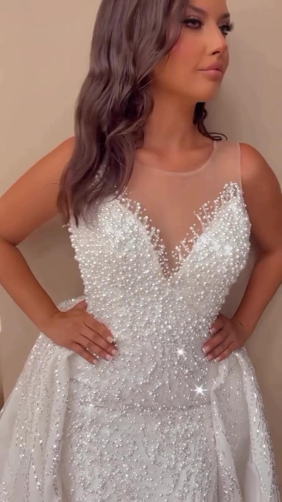 NIL Champagne princess lace wedding dress with sweetheart neckline, cathedral train, lace embellishment detail, P074 image 7