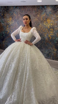NIL Soft Ivory princess lace wedding dress with sweetheart neckline, cathedral train, front full view, P095 image 1