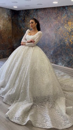 NIL Soft Ivory princess lace wedding dress with sweetheart neckline, cathedral train, side view, P095 image 2