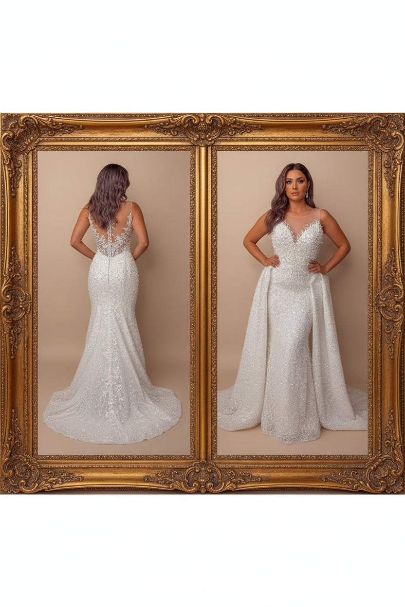 NIL Champagne princess lace wedding dress with sweetheart neckline, cathedral train, side view, P109 image 2