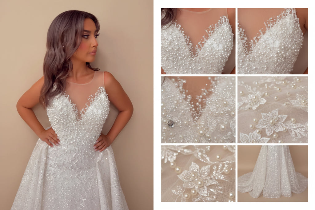 NIL Champagne princess lace wedding dress with sweetheart neckline, cathedral train, back view, P109 image 3