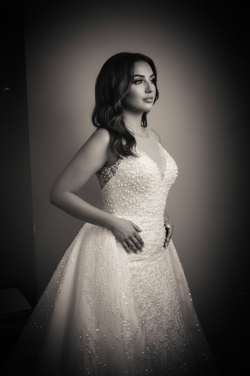 NIL Champagne princess lace wedding dress with sweetheart neckline, cathedral train, bodice close-up detail, P109 image 4