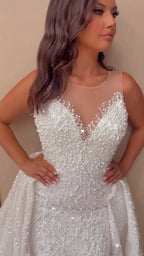 NIL Champagne princess lace wedding dress with sweetheart neckline, cathedral train, lace embellishment detail, P109 image 7