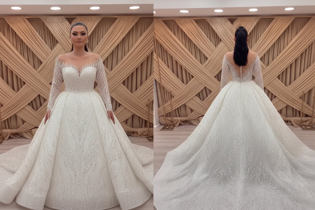 NIL Light Cream princess lace wedding dress with sweetheart neckline, cathedral train, front full view, P111 image 1