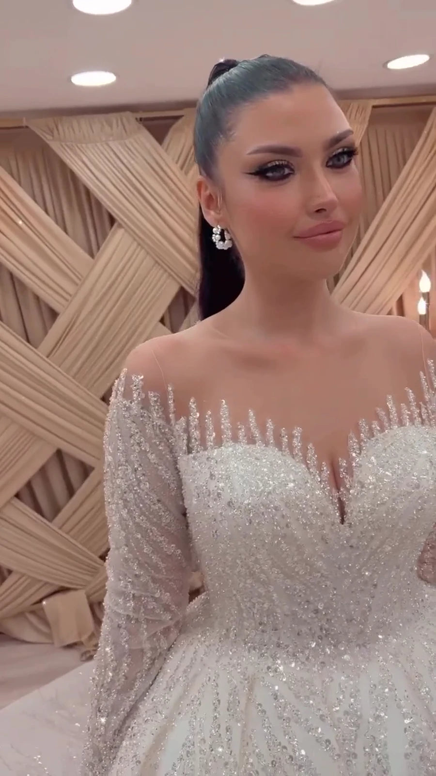 NIL Light Cream princess lace wedding dress with sweetheart neckline, cathedral train, lace embellishment detail, P111 image…