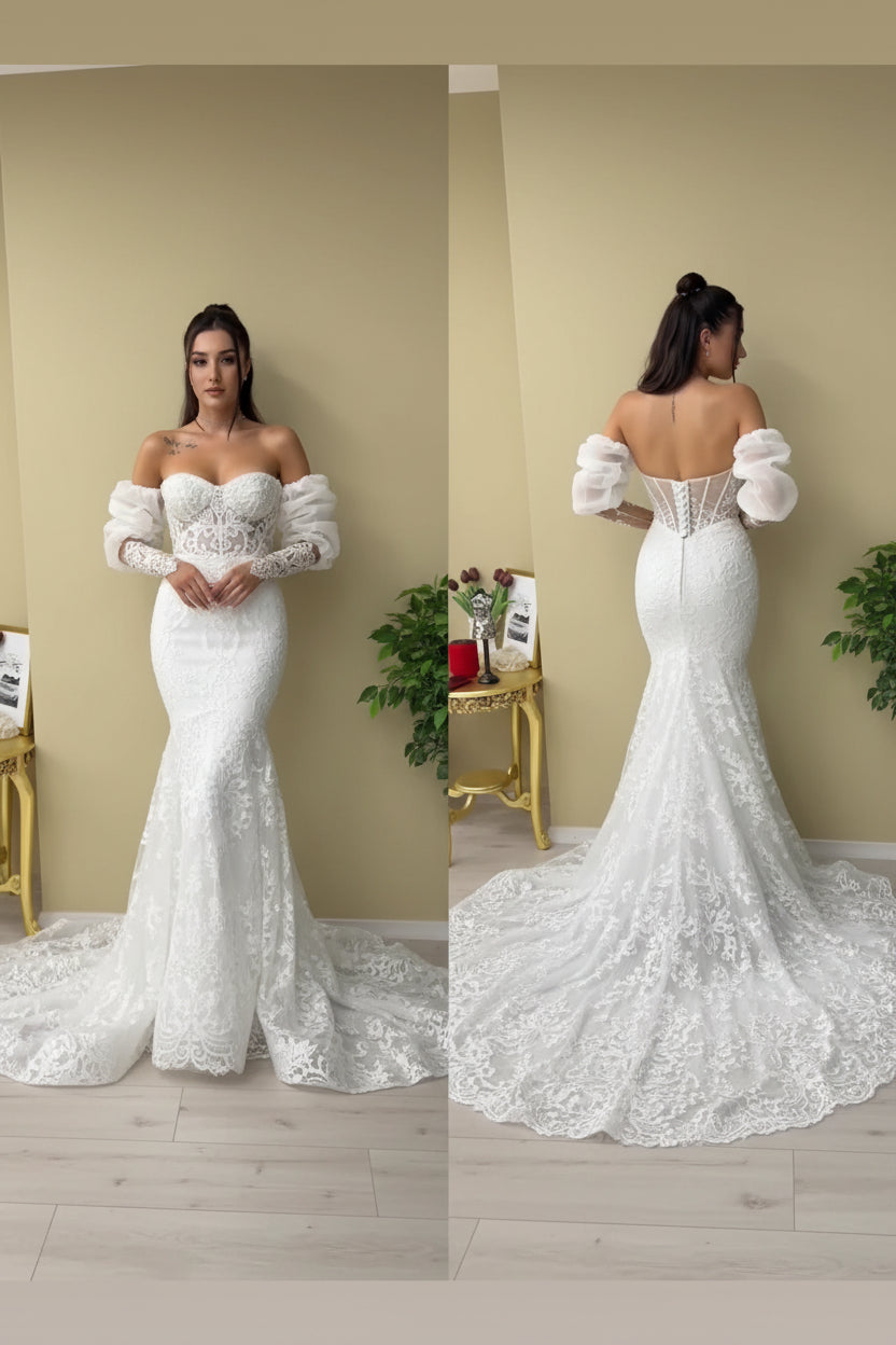 NIL-112 – Silver White Princesa renda vestido de noiva com decote coração e cauda catedral