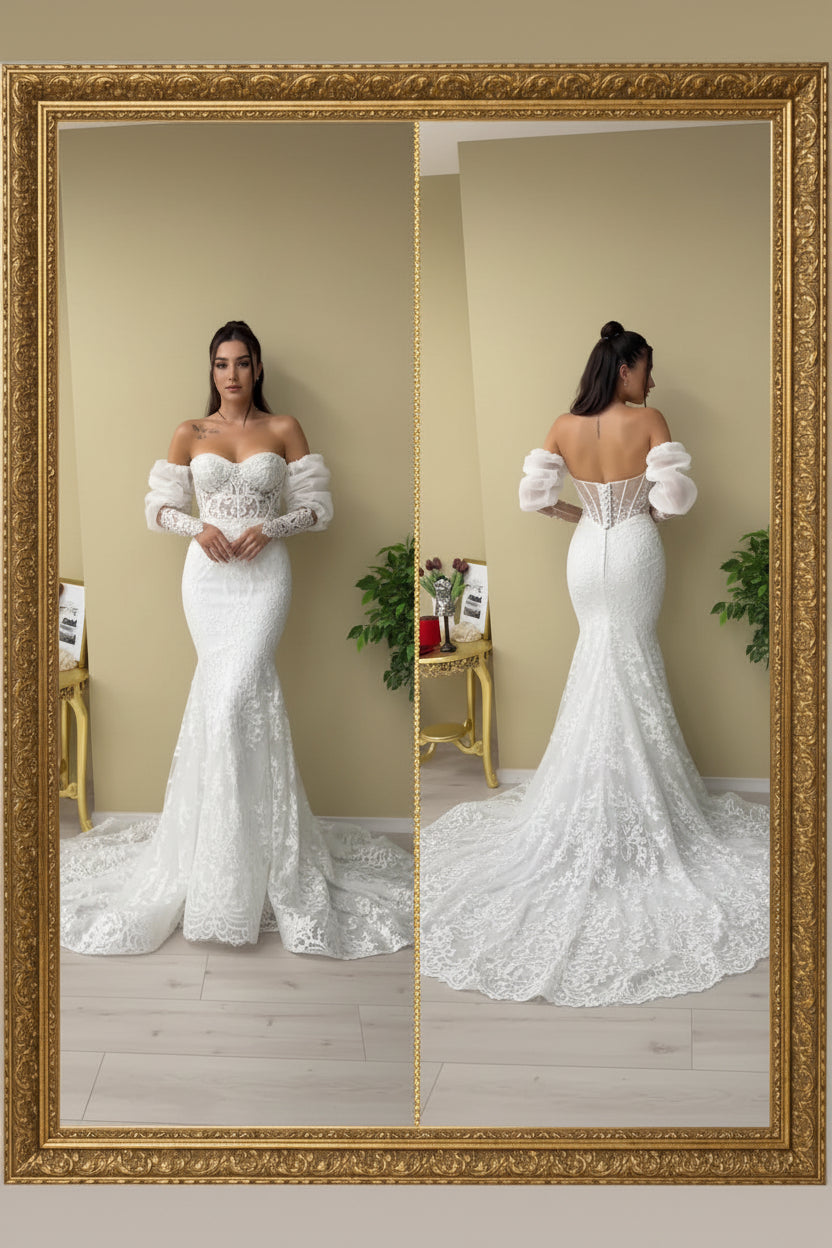 NIL-112 – Silver White Princesa renda vestido de noiva com decote coração e cauda catedral