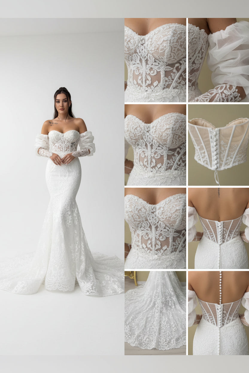 NIL-112 – Silver White Princesa renda vestido de noiva com decote coração e cauda catedral