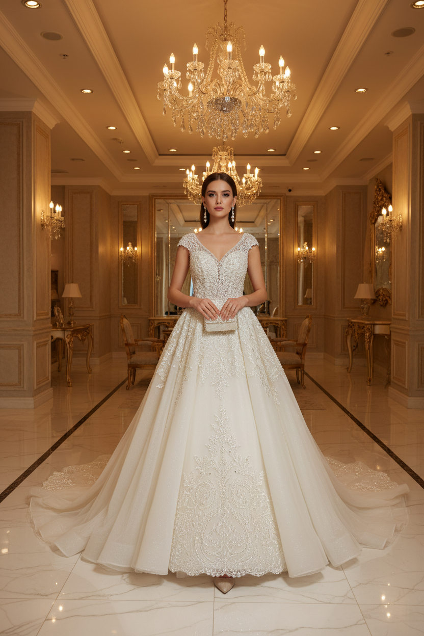 NIL-142-Soft-Ivory-Princess-Ball-Gown-Wedding-Dress-V-Neckline-Cap-Sleeve-Crystal-Pearl-Beaded-Lace-Applique-Natural-Waist-Cathedral-Train-Royal-Dubai-Gulf-Luxury-Front-View
