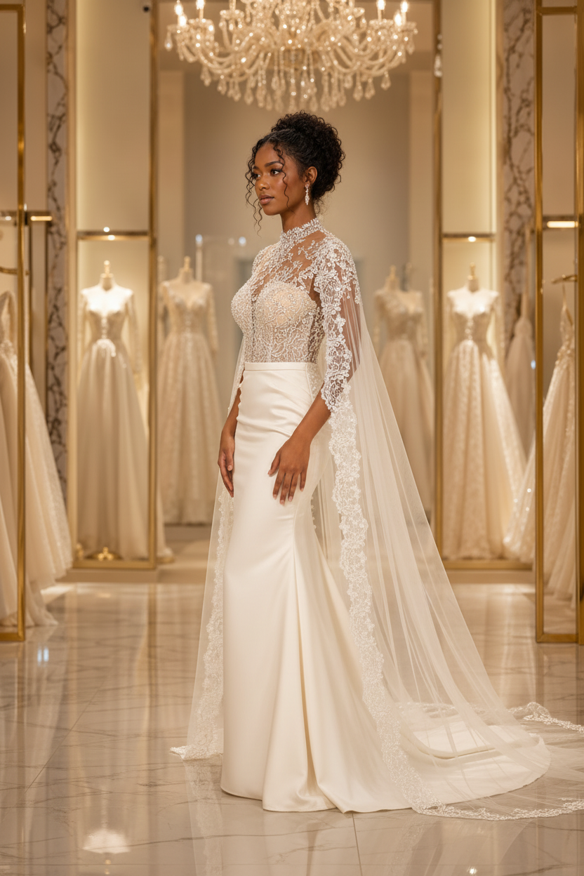 NIL-144-Champagne-Column-Sheath-Wedding-Dress-High-Neck-Illusion-Sleeveless-Crystal-Beading-Cinched-Waist-Sweep-Train-Cape-Veil-Dubai-Couture-Gulf-Luxury-Front-View