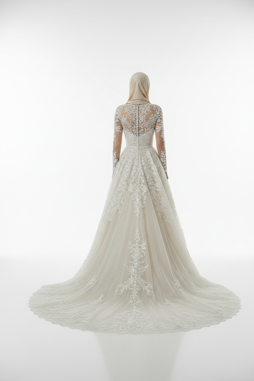 NIL-135-CHAMPAGNE-IVORY-A-LINE-WEDDING-DRESS-BEADED-LACE-HIGH-NECKLINE-LONG-SLEEVE-CRYSTAL-PEARL-EMBROIDERY-NATURAL-WAIST-ROYAL-TRAIN-TIMELESS-MODEST--GULF-HIJAB-FRIENDLY-FRONT-VIEW