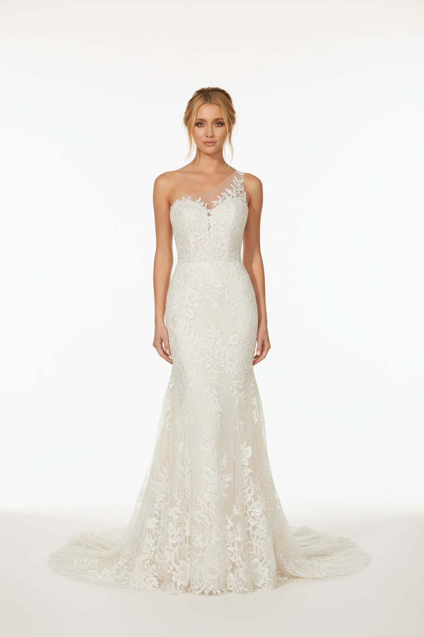 NIL-145-Soft-Ivory-Mermaid-Wedding-Dress-One-Shoulder-Sleeveless-Floral-Lace-Applique-Natural-Waist-Sweep-Train-Gulf-Luxury-Front-View