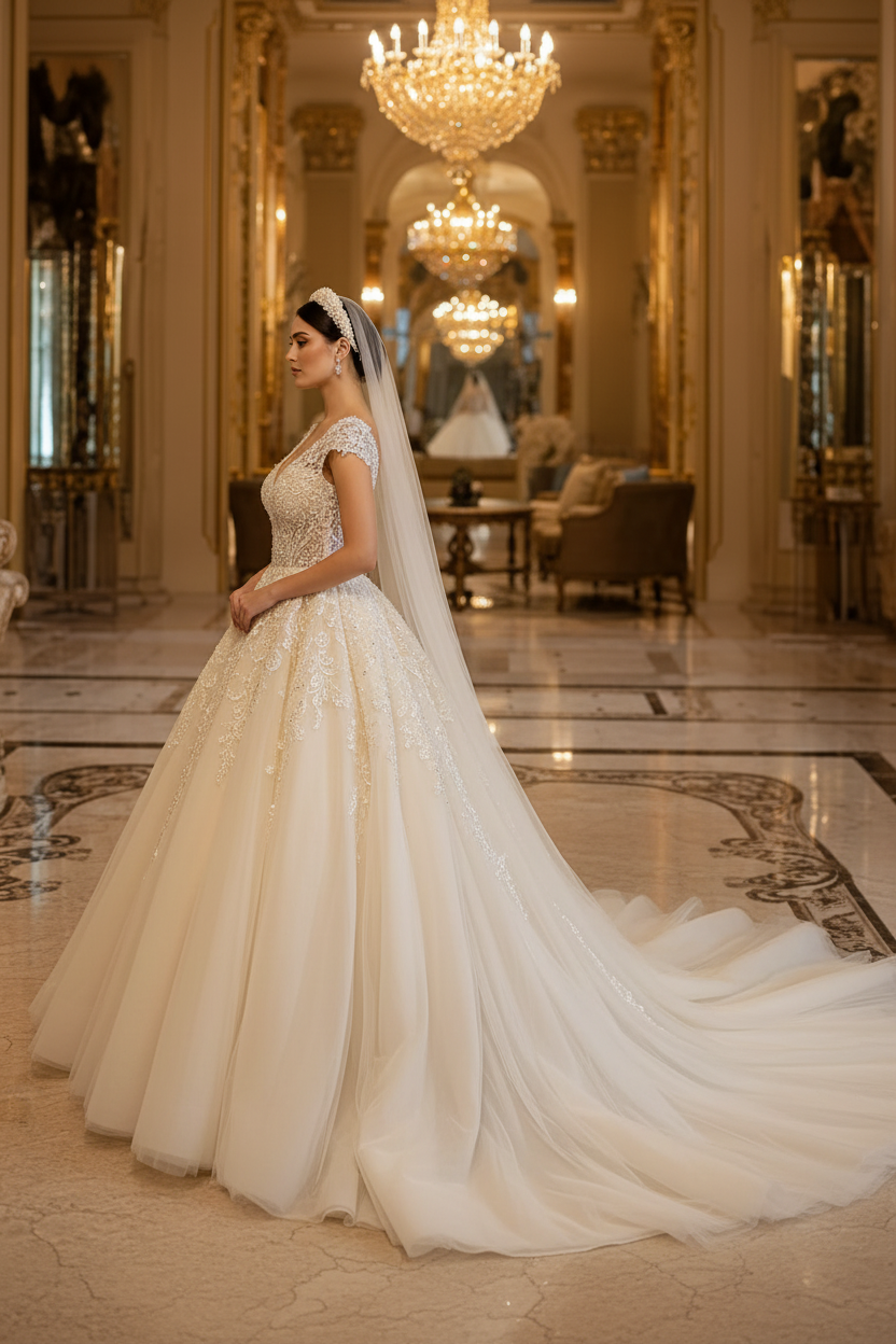 NIL-142-Soft-Ivory-Princess-Ball-Gown-Wedding-Dress-V-Neckline-Cap-Sleeve-Crystal-Pearl-Beaded-Lace-Applique-Natural-Waist-Cathedral-Train-Royal-Dubai-Gulf-Luxury-Front-View