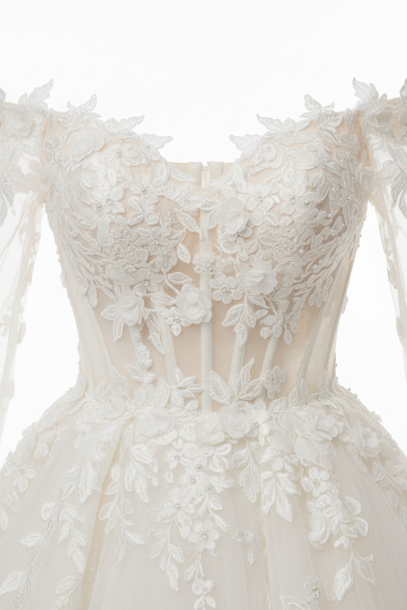 NIL-147-Soft-Ivory-Mermaid-Wedding-Dress-Off-Shoulder-Sweetheart-Transparent-Lace-Sleeve-Floral-Lace-Applique-Corset-Waist-Cathedral-Train-Gulf-Luxury-Front-View