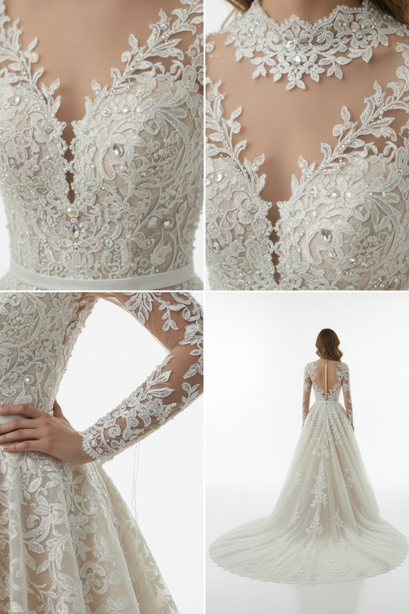 NIL-135-CHAMPAGNE-IVORY-A-LINE-WEDDING-DRESS-BEADED-LACE-HIGH-NECKLINE-LONG-SLEEVE-CRYSTAL-PEARL-EMBROIDERY-NATURAL-WAIST-ROYAL-TRAIN-TIMELESS-MODEST--GULF-HIJAB-FRIENDLY-FRONT-VIEW