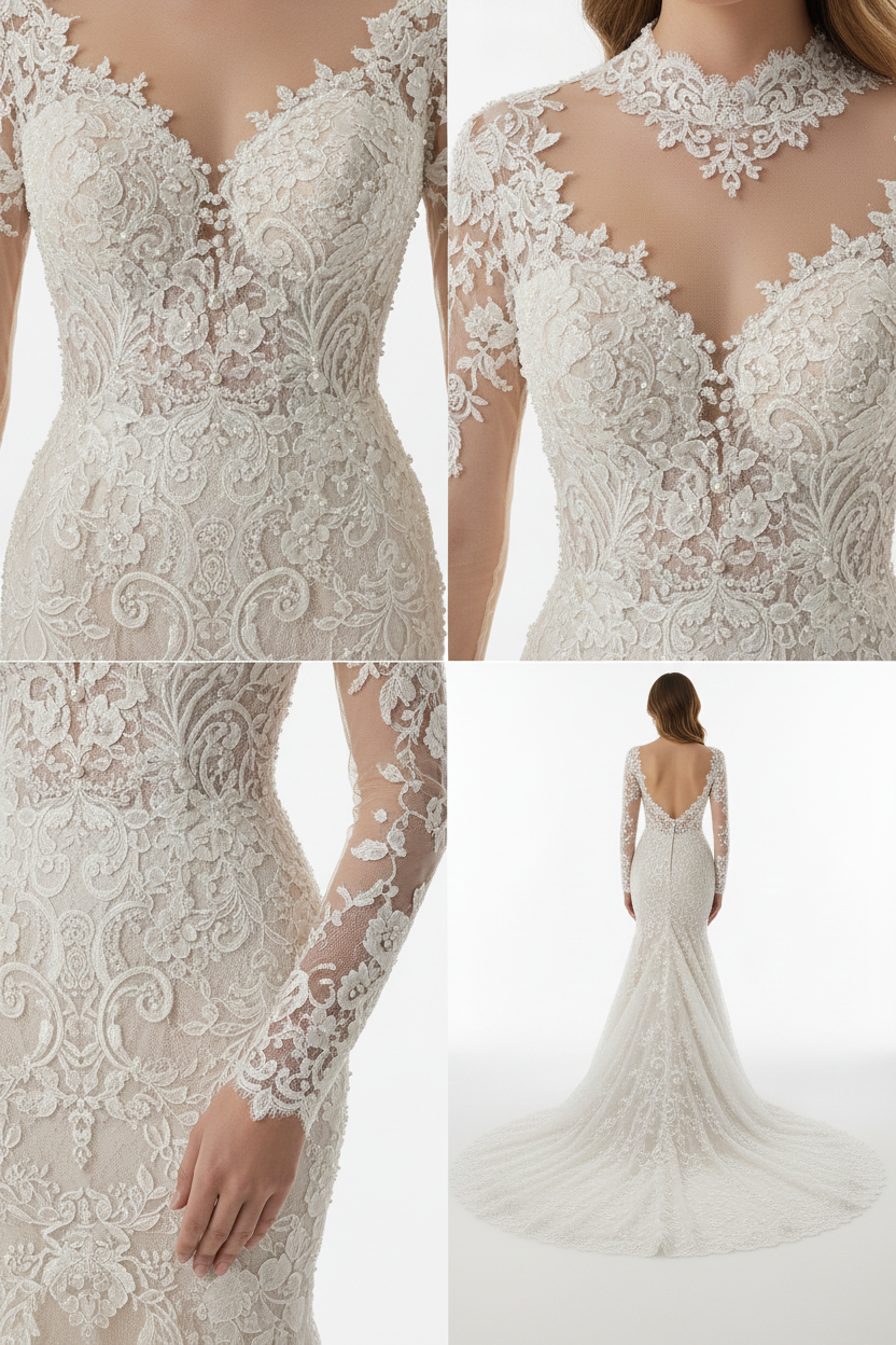 NIL-128-SOFT-IVORY-MERMAID-WEDDING-DRESS-LACE-PEARL-HIGH-NECKLINE-LONG-SLEEVE-LACE-PEARL-EMBROIDERY-FITTED-WAIST-CATHEDRAL-TRAIN-MODEST-COUTURE--GULF-HIJAB-FRIENDLY-FRONT-VIEW