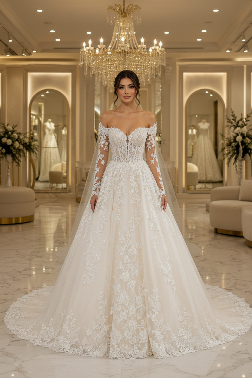 NIL-143-Soft-Ivory-A-Line-Wedding-Dress-Off-Shoulder-Sweetheart-Neckline-Transparent-Lace-Sleeve-Floral-Lace-Applique-Corset-Waist-Cathedral-Train-Gulf-Luxury-Front-View