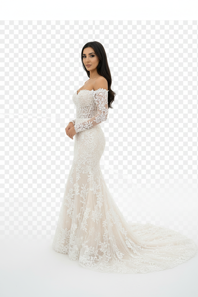 NIL-147-Soft-Ivory-Mermaid-Wedding-Dress-Off-Shoulder-Sweetheart-Transparent-Lace-Sleeve-Floral-Lace-Applique-Corset-Waist-Cathedral-Train-Gulf-Luxury-Front-View