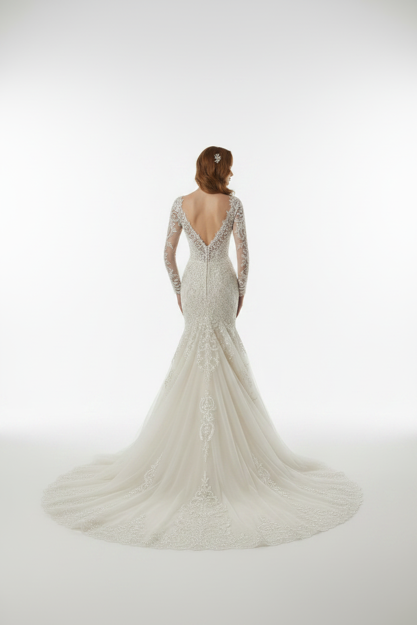 NIL-131-CHAMPAGNE-IVORY-MERMAID-WEDDING-DRESS-BEADED-LACE-V-NECKLINE-LONG-SLEEVE-CRYSTAL-PEARL-EMBROIDERY-FITTED-WAIST-ROYAL-TRAIN-COUTURE-LUXURY--GULF-MODEST-FRONT-VIEW