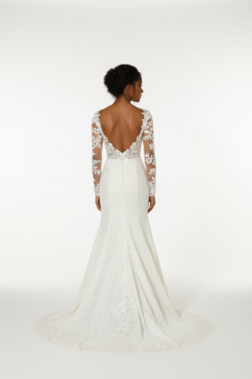 NIL-148-Soft-Ivory-Fit-and-Flare-Wedding-Dress-Square-Neckline-Transparent-Lace-Sleeve-Lace-Applique-Natural-Waist-Chapel-Train-Gulf-Luxury-Front-View