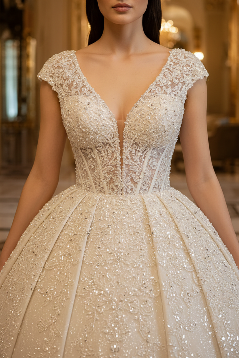 NIL-142-Soft-Ivory-Princess-Ball-Gown-Wedding-Dress-V-Neckline-Cap-Sleeve-Crystal-Pearl-Beaded-Lace-Applique-Natural-Waist-Cathedral-Train-Royal-Dubai-Gulf-Luxury-Front-View