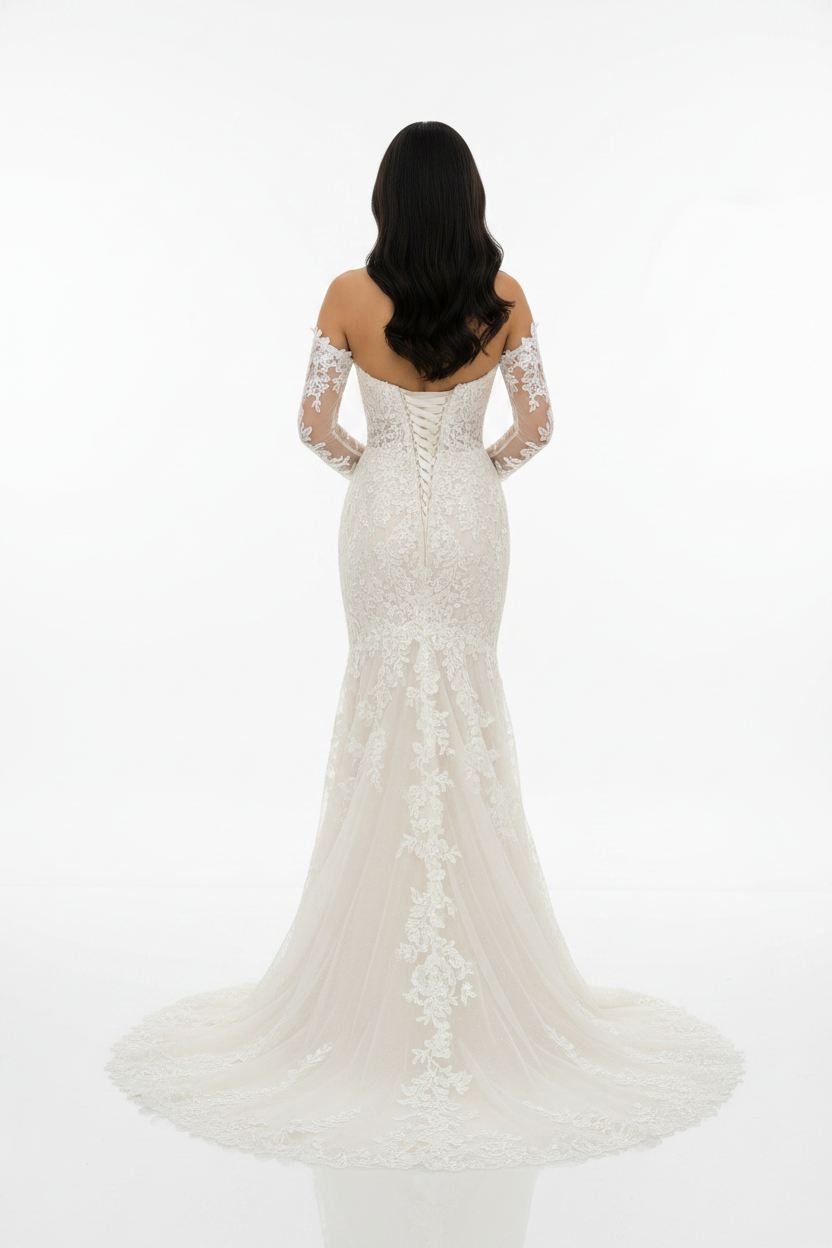 NIL-147-Soft-Ivory-Mermaid-Wedding-Dress-Off-Shoulder-Sweetheart-Transparent-Lace-Sleeve-Floral-Lace-Applique-Corset-Waist-Cathedral-Train-Gulf-Luxury-Front-View