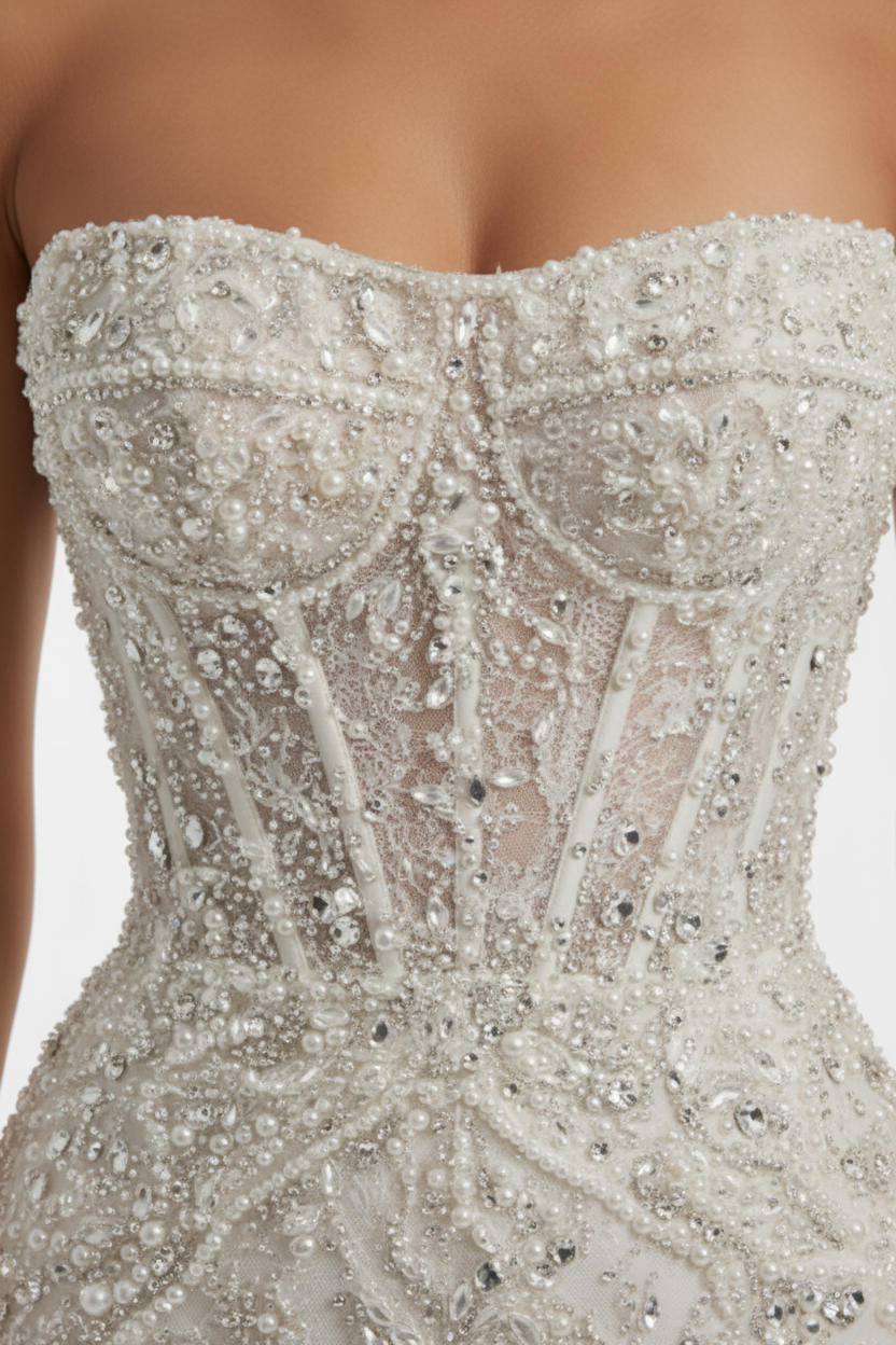 NIL-119 Royal Ivory Cathedral Train Wedding Dress – Detail View