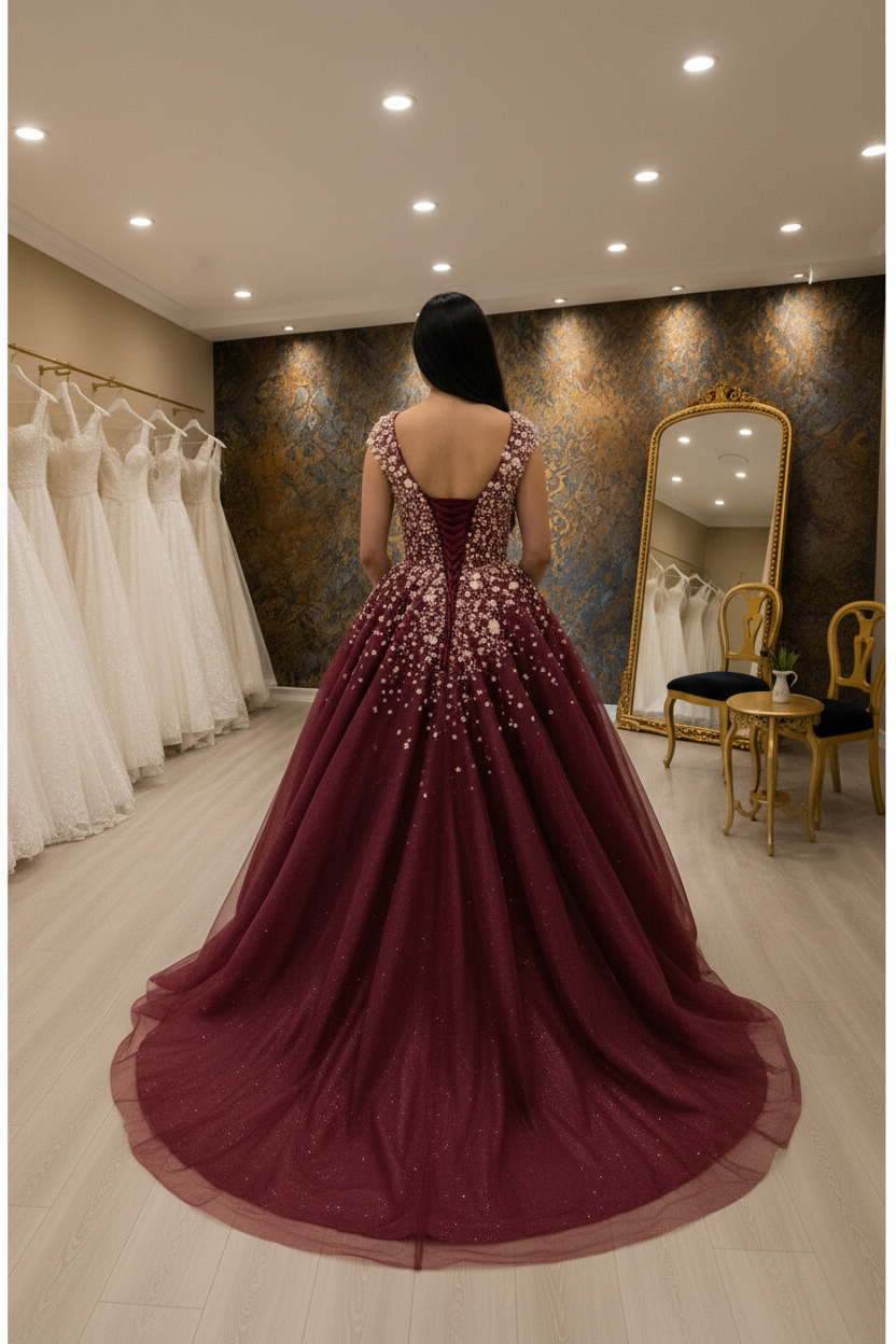 NIL-NS-262 Burgundy Rose Gold Crystal Princess Ball Gown Engagement Dress Dubai Edition - Back View