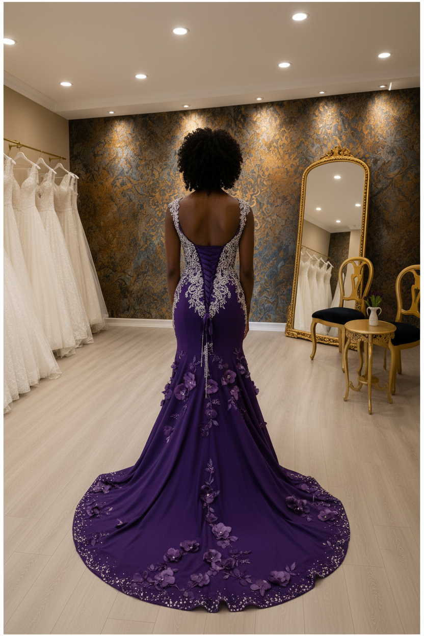 NIL-NS-268 Deep Purple Royal Crystal Mermaid Engagement Dress - Back View
