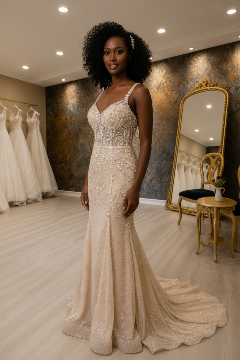 NIL-NS-255 Gold Champagne Crystal Fit-and-Flare Engagement Dress - Front View