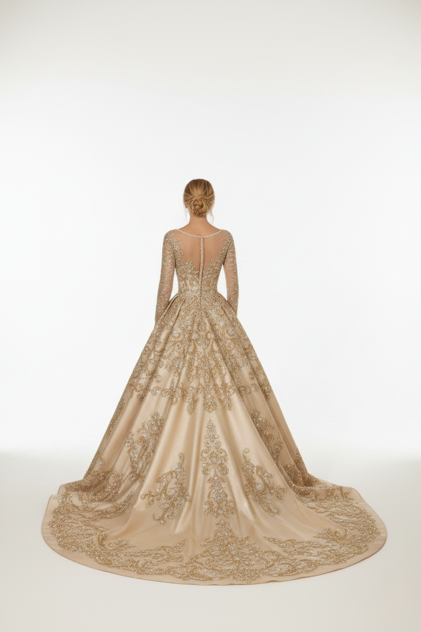 NNC-107 Champagne Royal Ball Gown - Back View with Royal Train