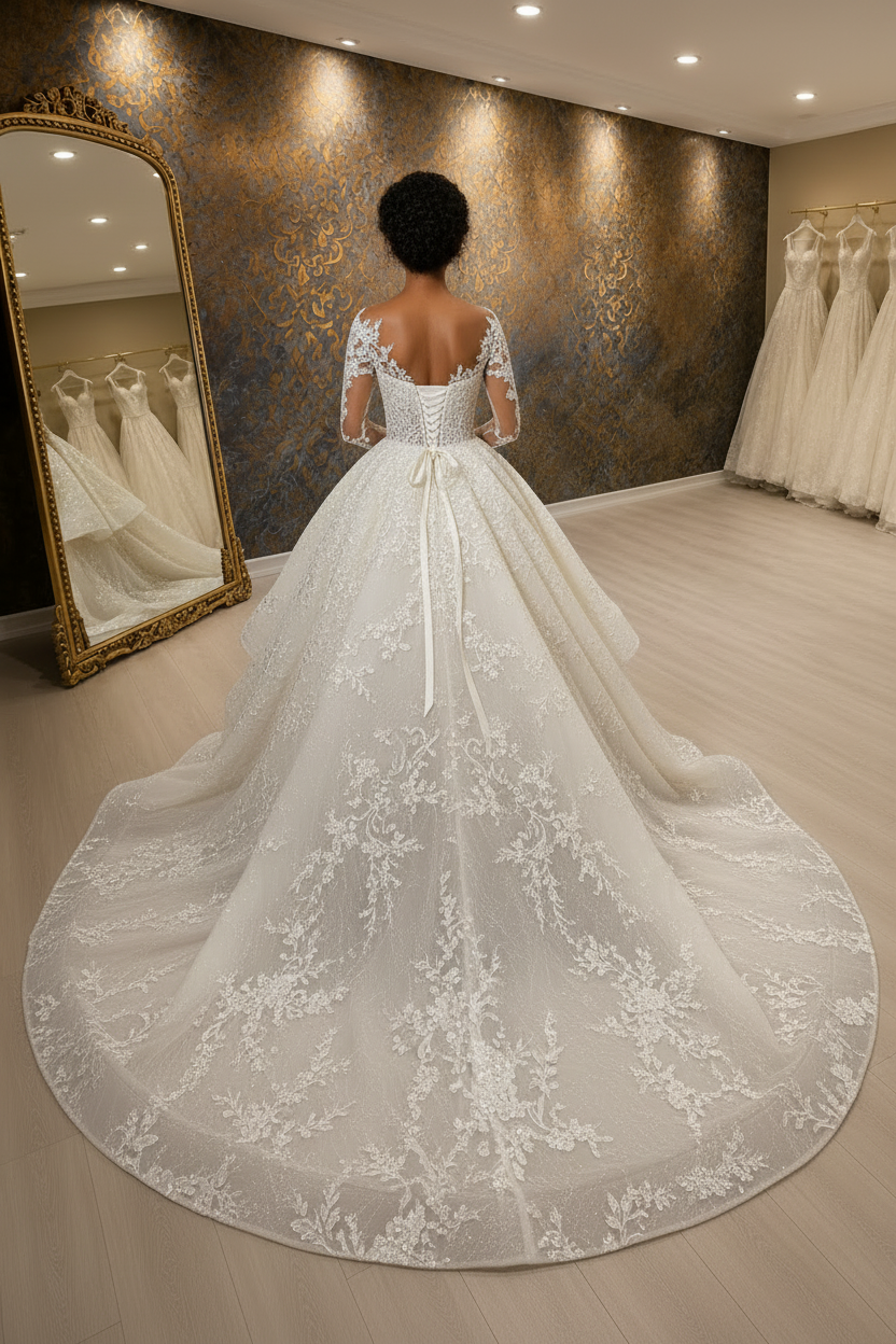 NIL-027 Soft Ivory Royal Princess Ball Gown back view no veil by NIL Wedding Dress