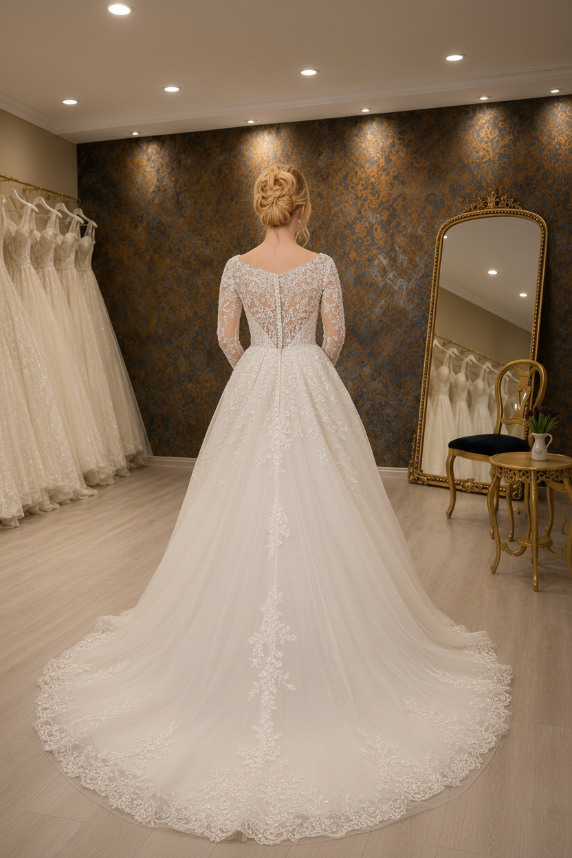 NIL-078 Elegant Ivory Línea A modesto Vestido de novia – vista trasera